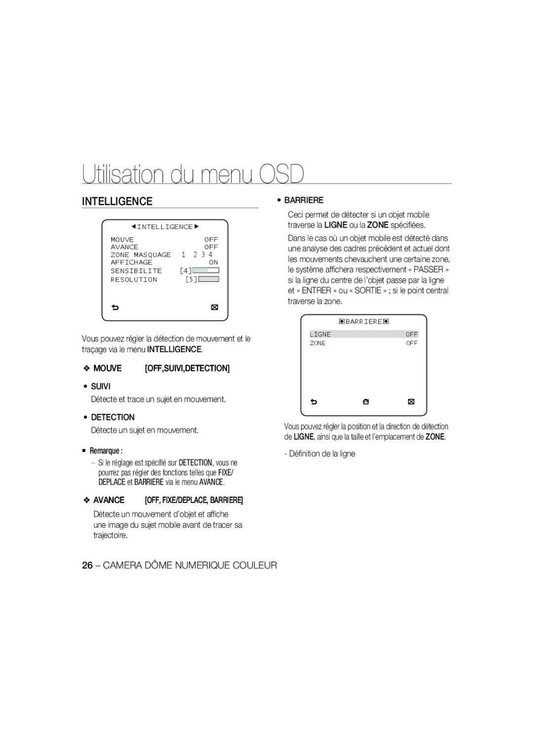 Samsung SCC-B5397P, SCC-B5399P manual Intelligence, Suivi, Detection, Avance, Barriere 