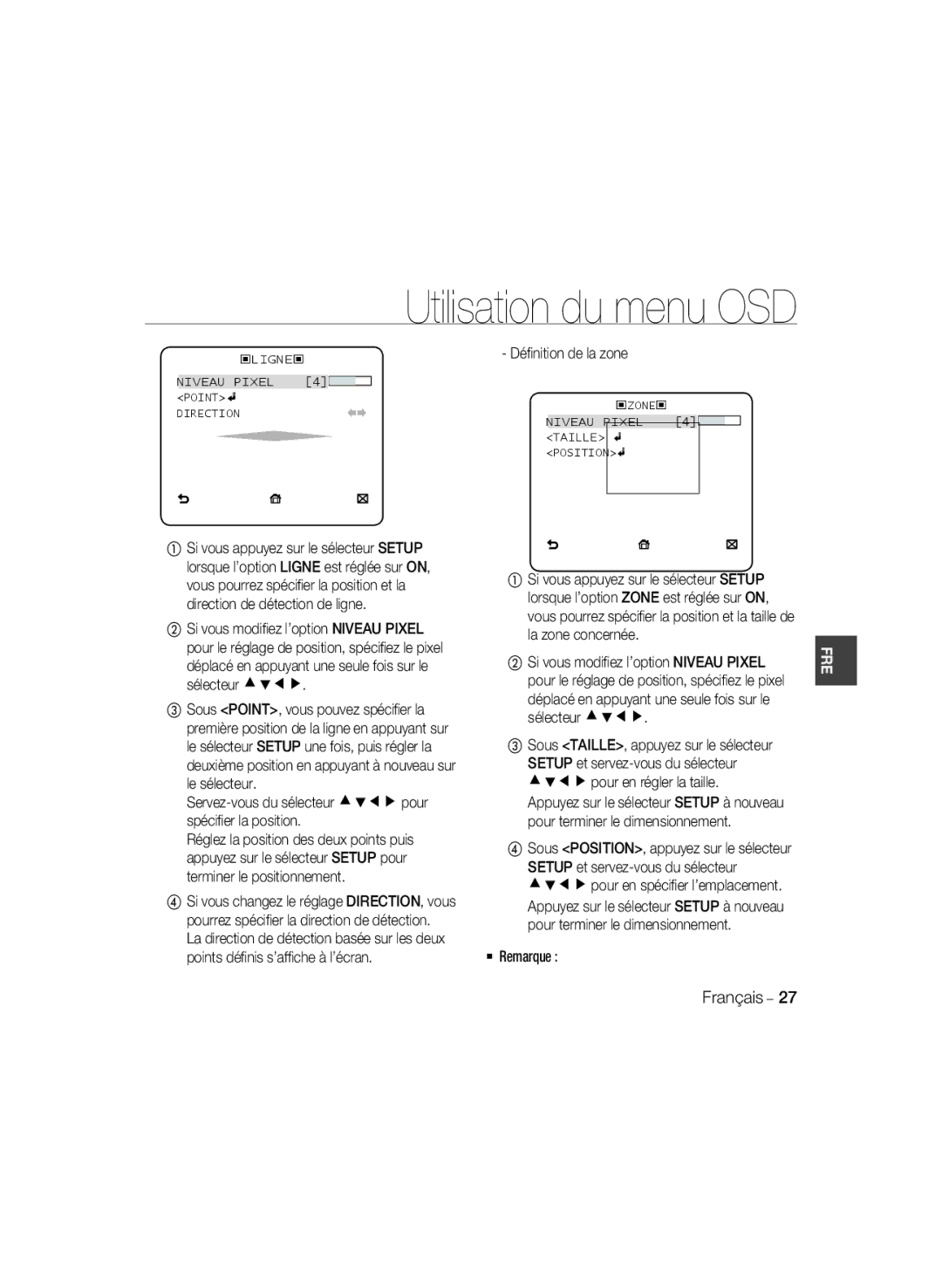 Samsung SCC-B5399P manual Déﬁnition de la zone, Déplacé en appuyant une seule fois sur le sélecteur cdef, Le sélecteur 