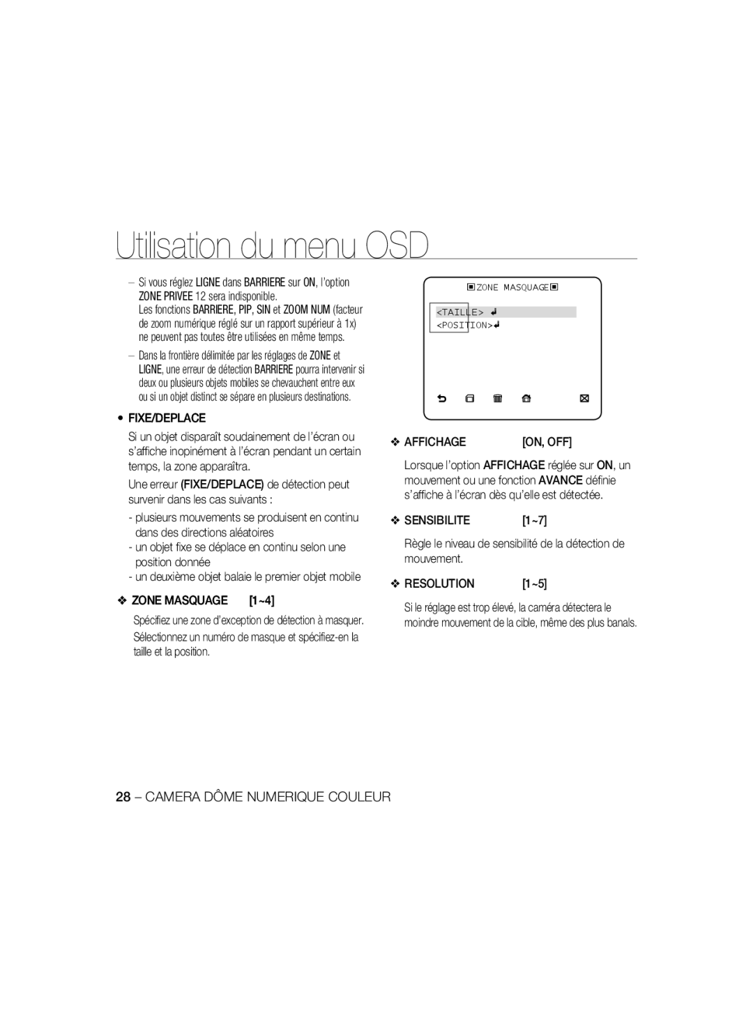 Samsung SCC-B5397P, SCC-B5399P manual Fixe/Deplace, Zone Masquage 1~4, Affichage, Sensibilite, Resolution 