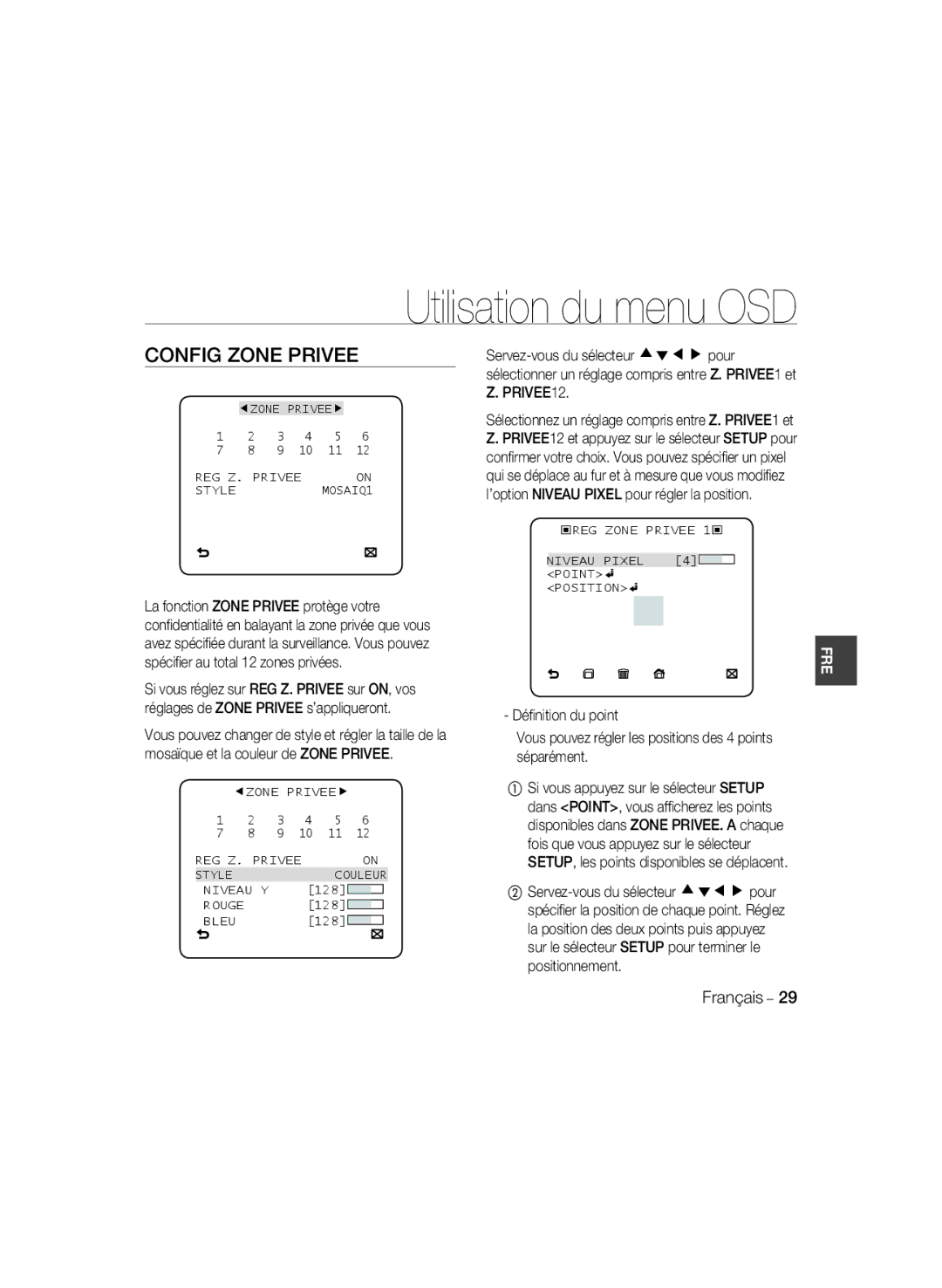 Samsung SCC-B5399P, SCC-B5397P manual Config Zone Privee 