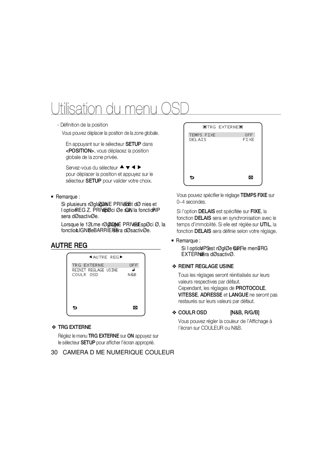 Samsung SCC-B5397P, SCC-B5399P manual Autre REG, TRG Externe, Reinit Reglage Usine, Coulr OSD 