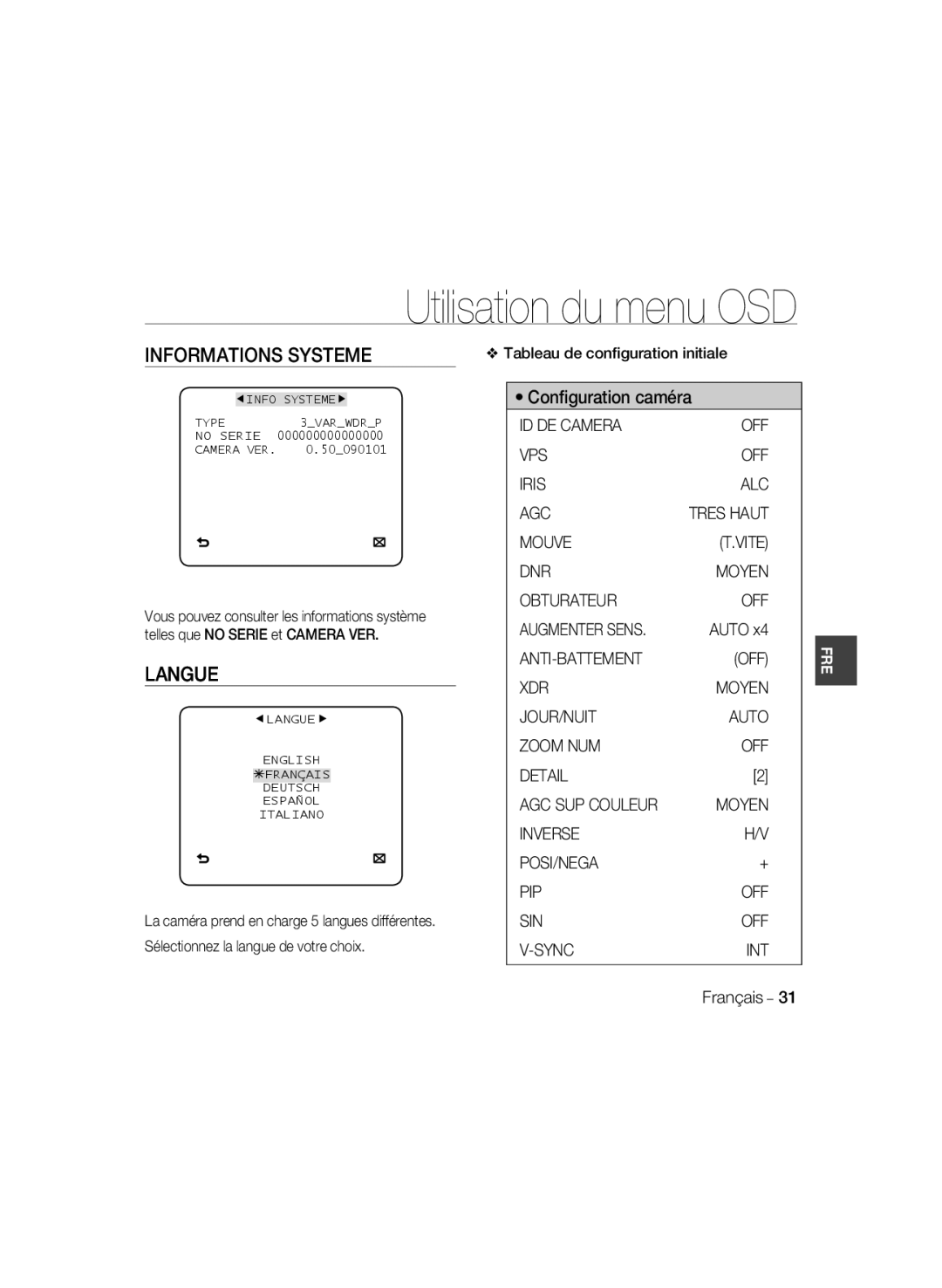 Samsung SCC-B5399P, SCC-B5397P manual Informations Systeme, Langue, Conﬁguration caméra, ID DE Camera OFF VPS Iris ALC AGC 