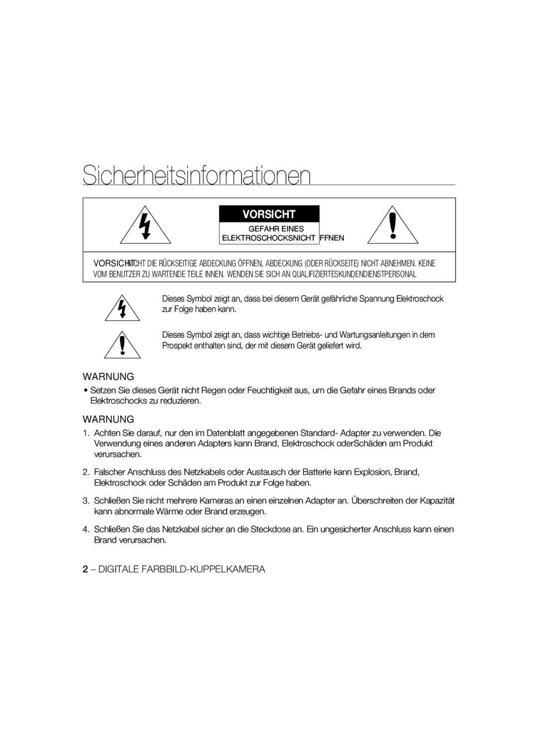 Samsung SCC-B5397P, SCC-B5399P manual Sicherheitsinformationen, Warnung, Digitale FARBBILD-KUPPELKAMERA 