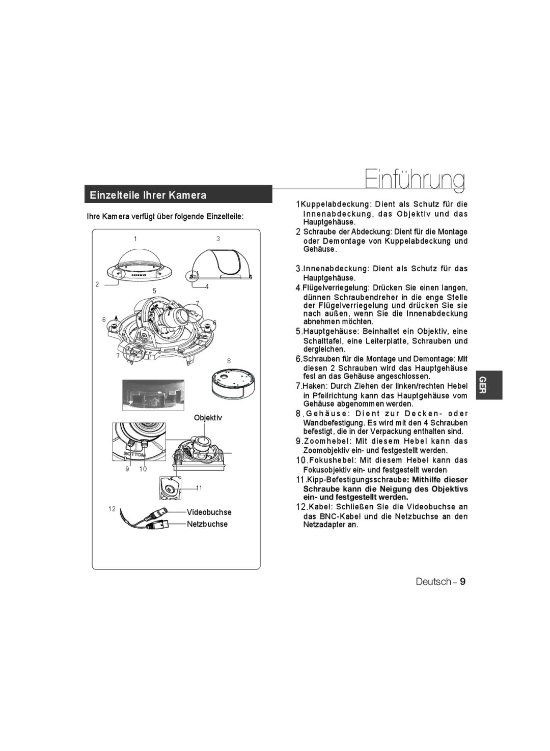 Samsung SCC-B5399P, SCC-B5397P manual Einzelteile Ihrer Kamera 