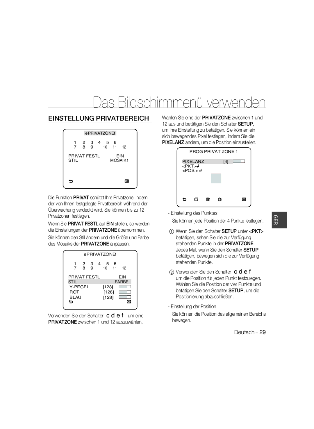 Samsung SCC-B5399P, SCC-B5397P manual Einstellung Privatbereich, Einstellung des Punktes, Stehenden Punkte 