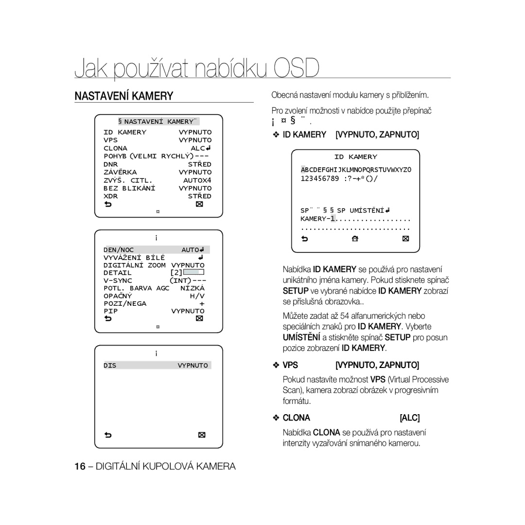 Samsung SCC-B5397P, SCC-B5399P manual Nastavení Kamery, ID Kamery VYPNUTO, Zapnuto, Clona ALC 