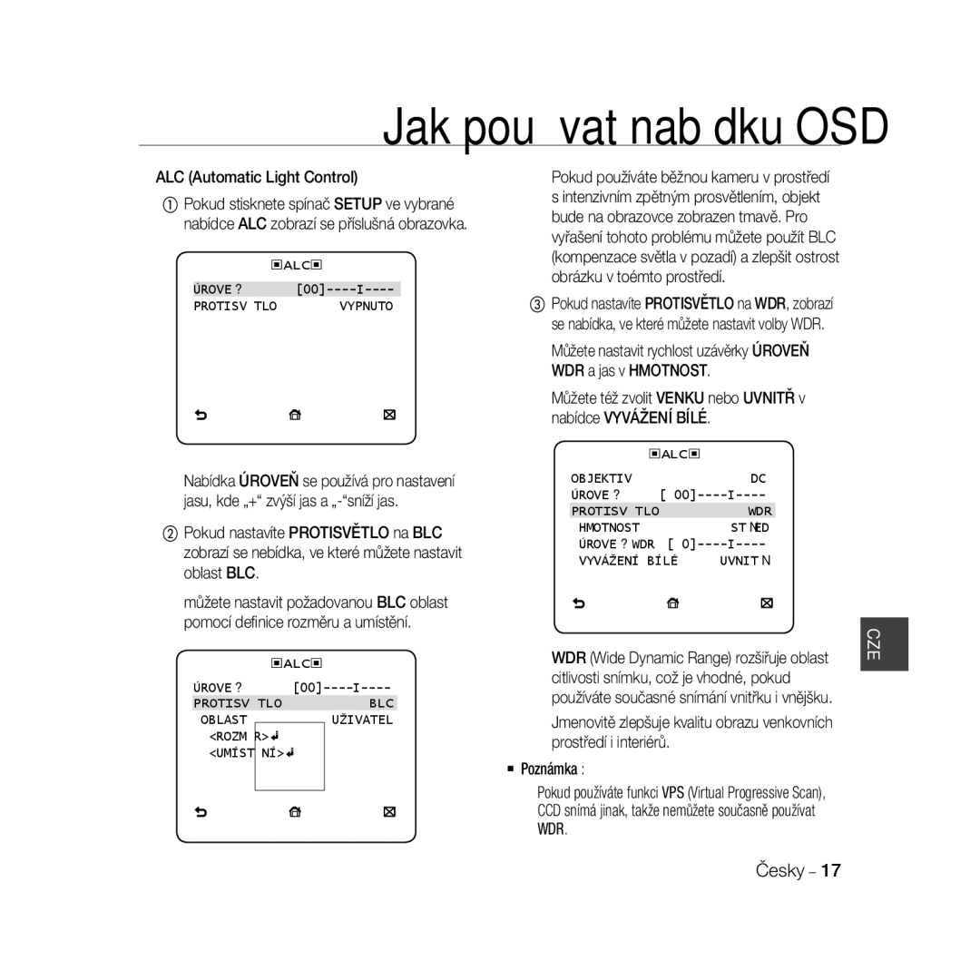 Samsung SCC-B5399P manual ALC Automatic Light Control, Protisvětlo Vypnuto, Protisvětloblc Oblastuživatel Rozměr Umístění 