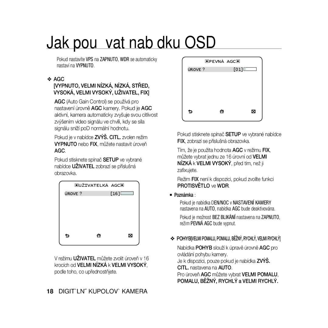 Samsung SCC-B5397P, SCC-B5399P manual Uživatelká AGC, Pevná AGC 