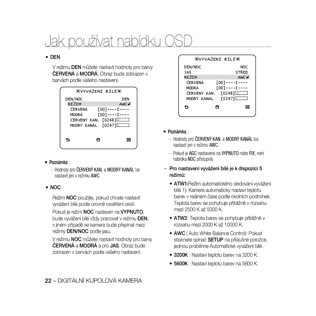 Samsung SCC-B5397P, SCC-B5399P manual Vyvážení Bílé DEN/NOC Režim AWC Červená Modrá, Modrý Kanál 