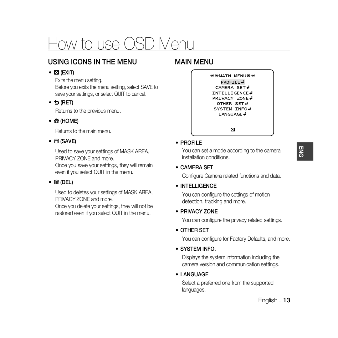 Samsung SCC-B5399P, SCC-B5397P manual How to use OSD Menu, Using Icons in the Menu, Main Menu 