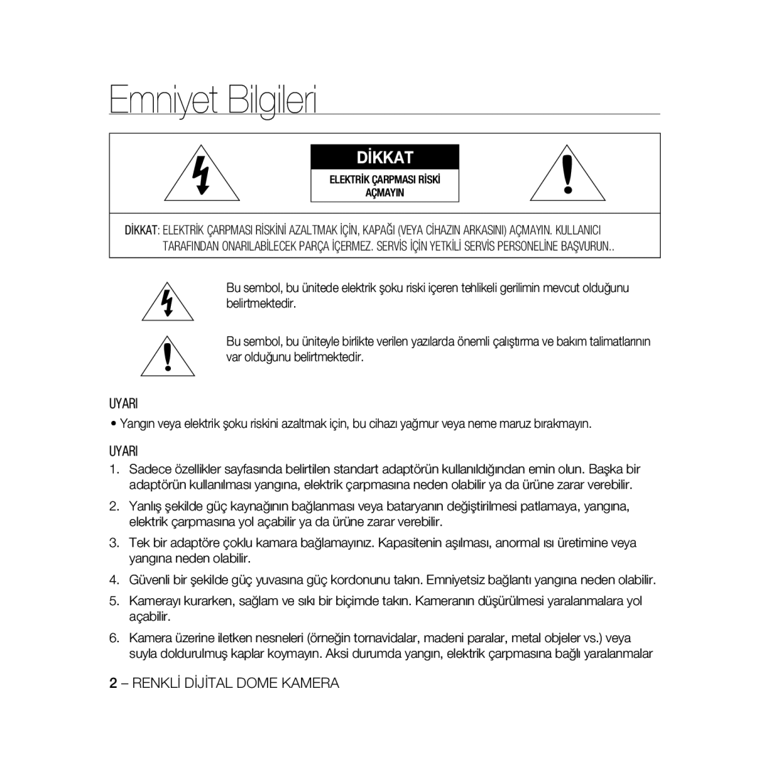 Samsung SCC-B5397P, SCC-B5399P manual Emniyet Bilgileri, Elektrİk Çarpmasi Rİskİ Açmayin 