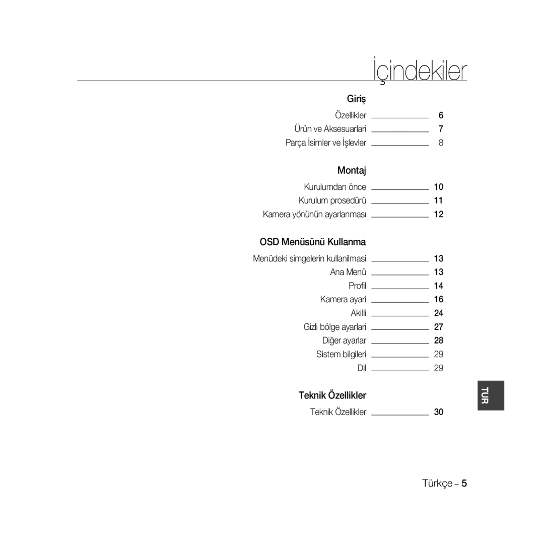 Samsung SCC-B5399P, SCC-B5397P manual Dil Teknik Özellikler, Ürün ve Aksesuarlari Parça İsimler ve İşlevler 