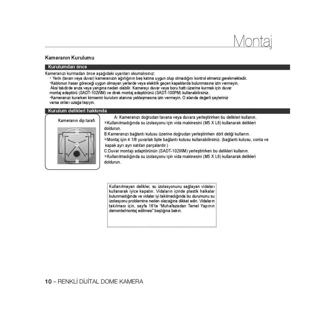 Samsung SCC-B5397P manual Montaj, Kameranın Kurulumu, Kameranızı kurmadan önce aşağıdaki uyarıları okumalısınız, Doldurun 