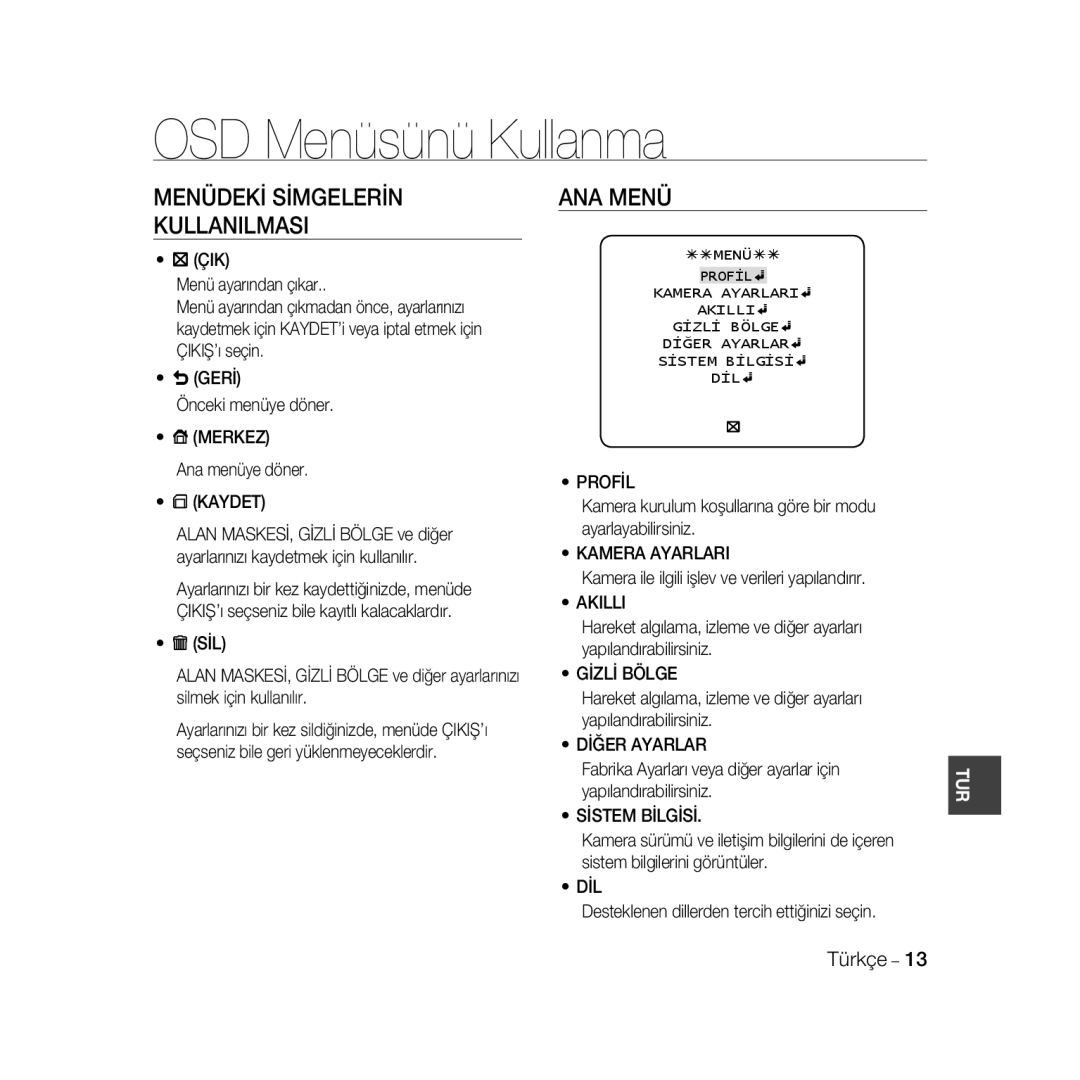 Samsung SCC-B5399P, SCC-B5397P manual OSD Menüsünü Kullanma, Menüdekİ Sİmgelerİn Kullanilmasi, ANA Menü 