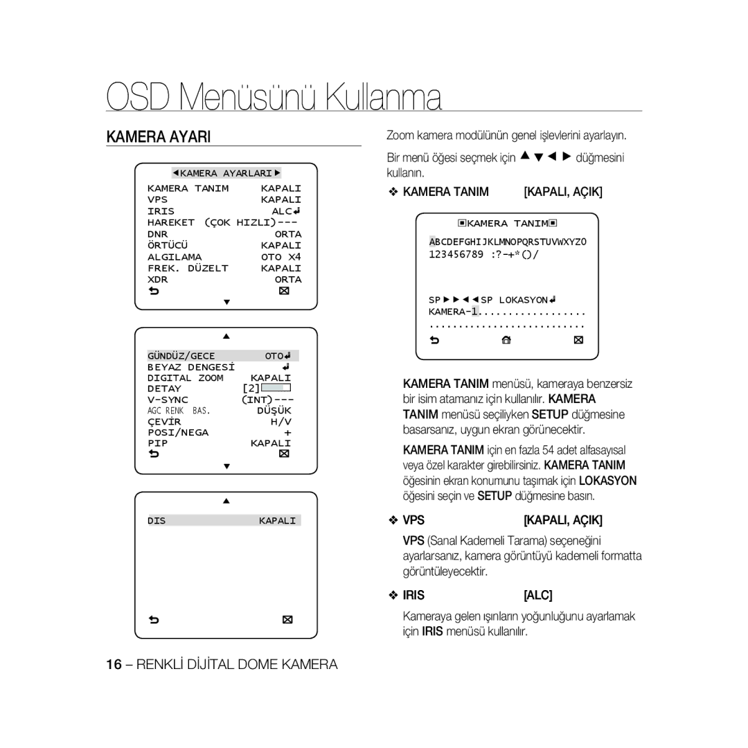 Samsung SCC-B5397P, SCC-B5399P Kamera Ayari, Kamera Tanim KAPALI, Açik, AGC Renk BAS Düşük Çevİr POSI/NEGA PIP Kapali DIS 