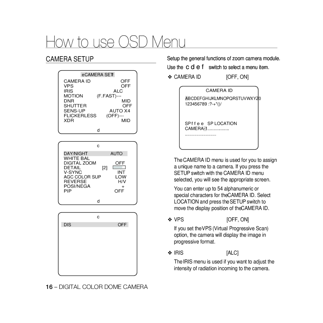 Samsung SCC-B5397P, SCC-B5399P manual Camera Setup, OFF, on, Vps, Iris ALC 