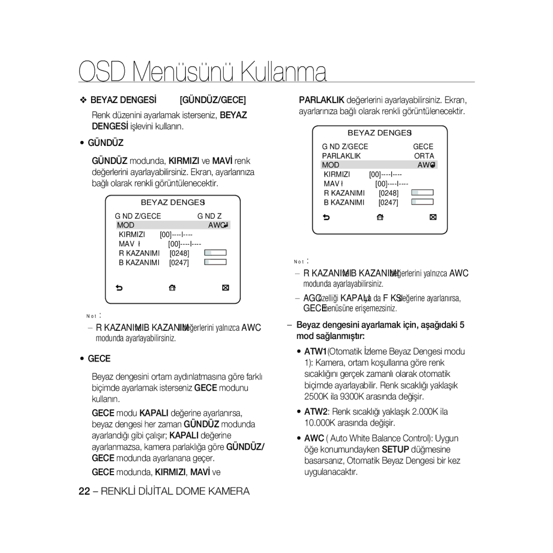 Samsung SCC-B5397P, SCC-B5399P manual Beyaz Dengesİ GÜNDÜZ/GECE Gündüz MOD AWC Kirmizi Mavİ 