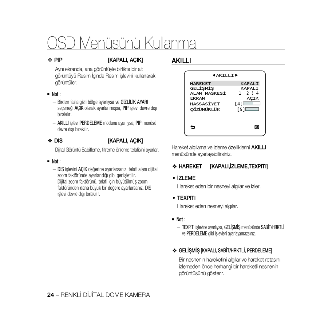 Samsung SCC-B5397P manual Akilli, Hareket KAPALI,İZLEME,TEXPITI İzleme, Texpiti, Gelİşmİş KAPALI, SABİT/HRKTLİ, Perdeleme 