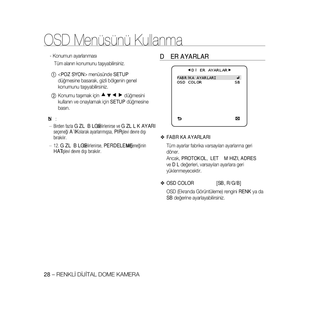 Samsung SCC-B5397P, SCC-B5399P manual Dİğer Ayarlar, Sb, R/G/B, Fabrİka Ayarlari OSD Color 