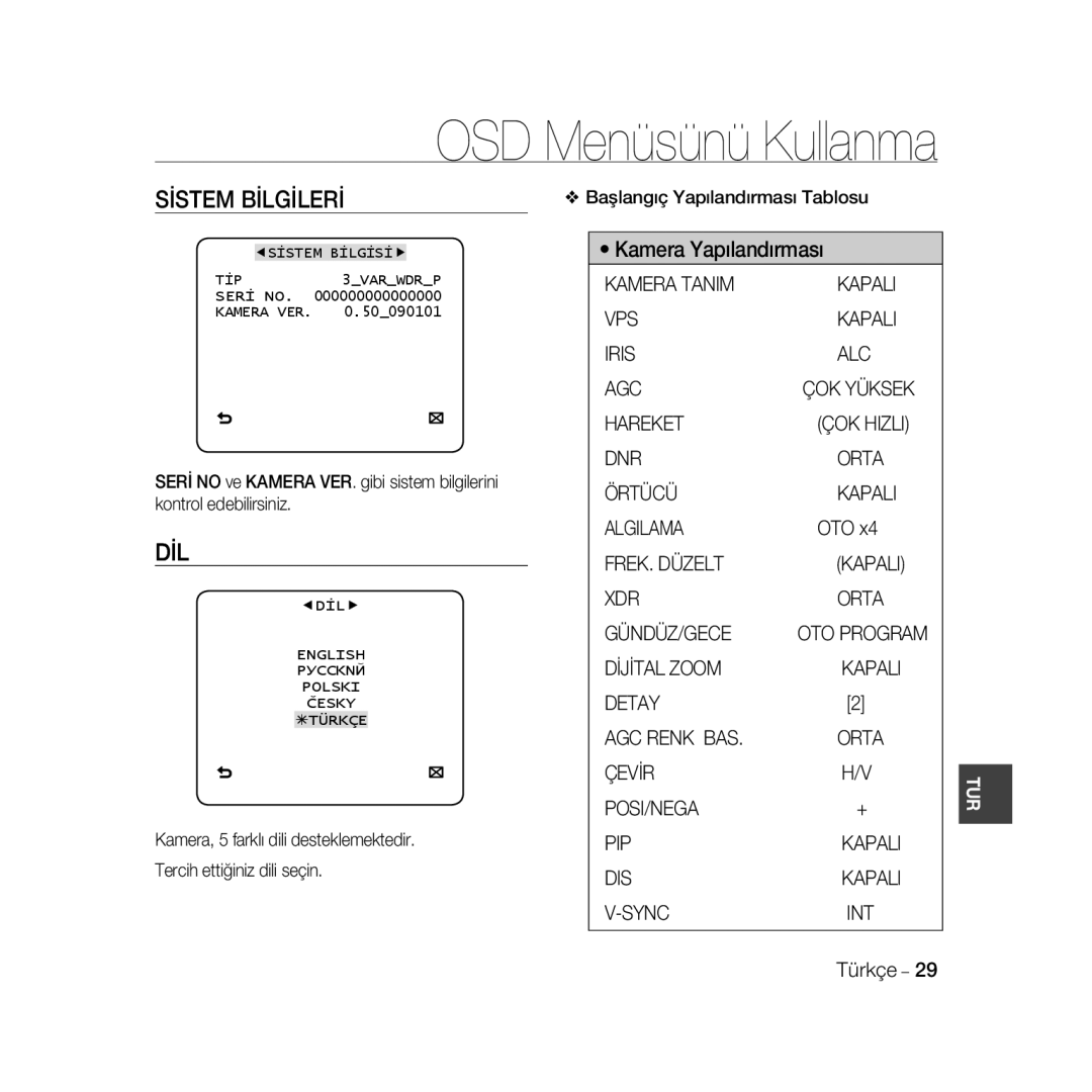 Samsung SCC-B5399P, SCC-B5397P manual Sİstem Bİlgİlerİ, Dil, Başlangıç Yapılandırması Tablosu, ÇOK Yüksek 