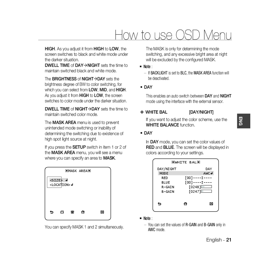 Samsung SCC-B5399P, SCC-B5397P manual Mask Area Size Location, White BAL DAY/NIGHT Mode AWC RED Blue Gain 