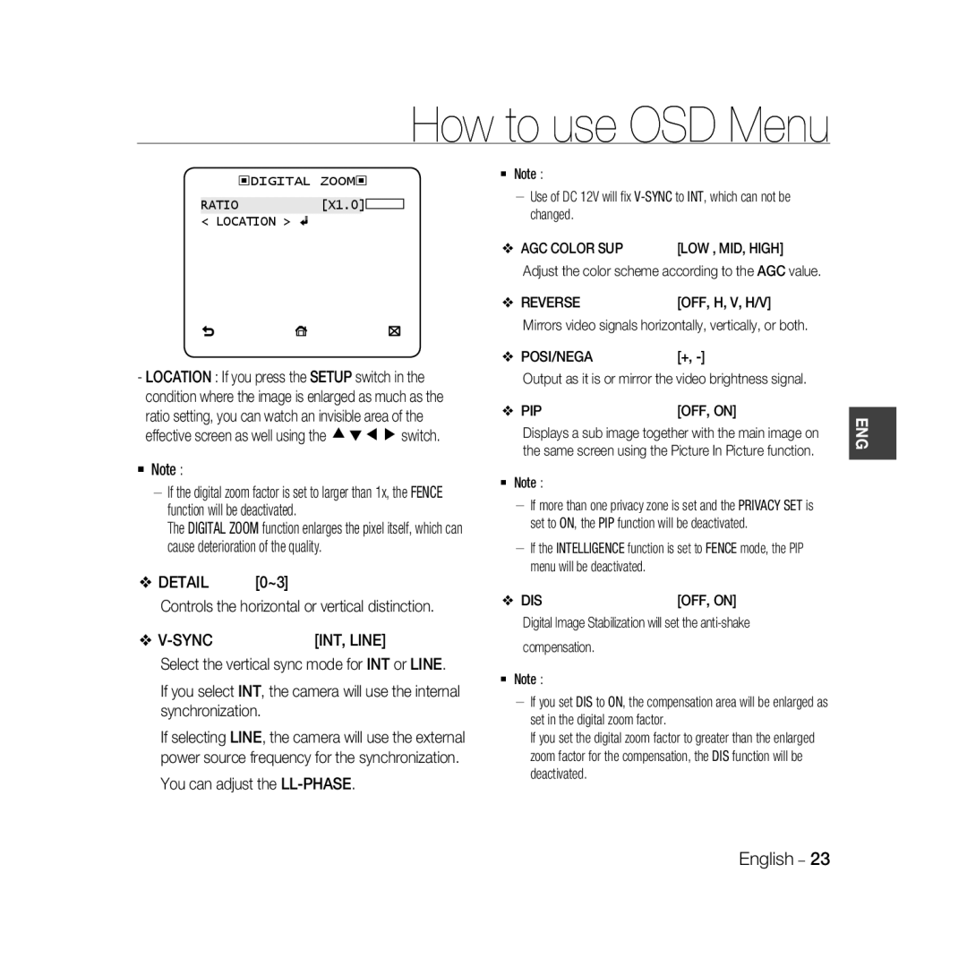 Samsung SCC-B5399P, SCC-B5397P manual AGC Color SUP, Reverse, Posi/Nega, Pip 