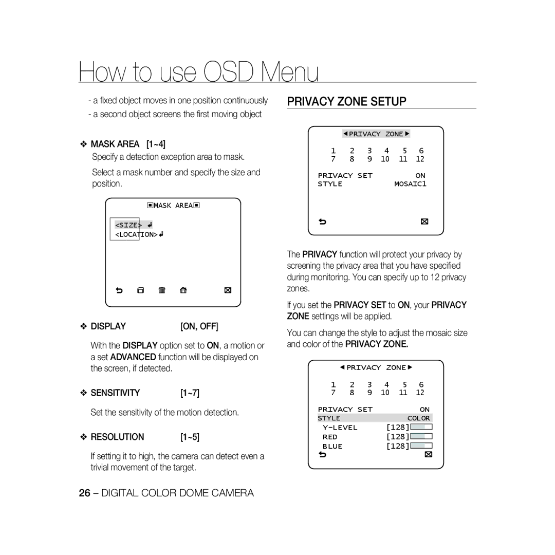 Samsung SCC-B5397P manual Privacy Zone Setup, Display, Sensitivity, Set the sensitivity of the motion detection, Resolution 