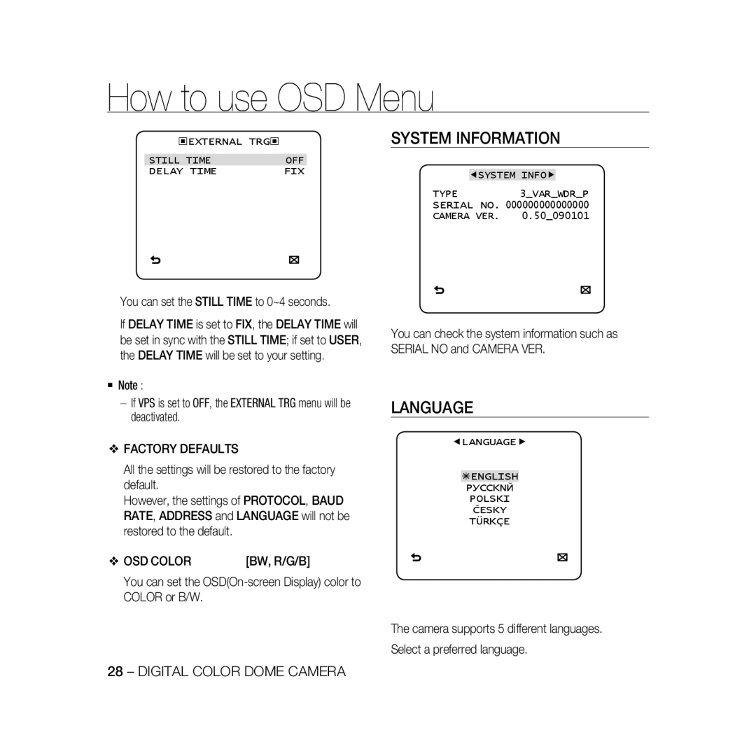 Samsung SCC-B5397P, SCC-B5399P manual System Information, Language, Factory Defaults, OSD Color 