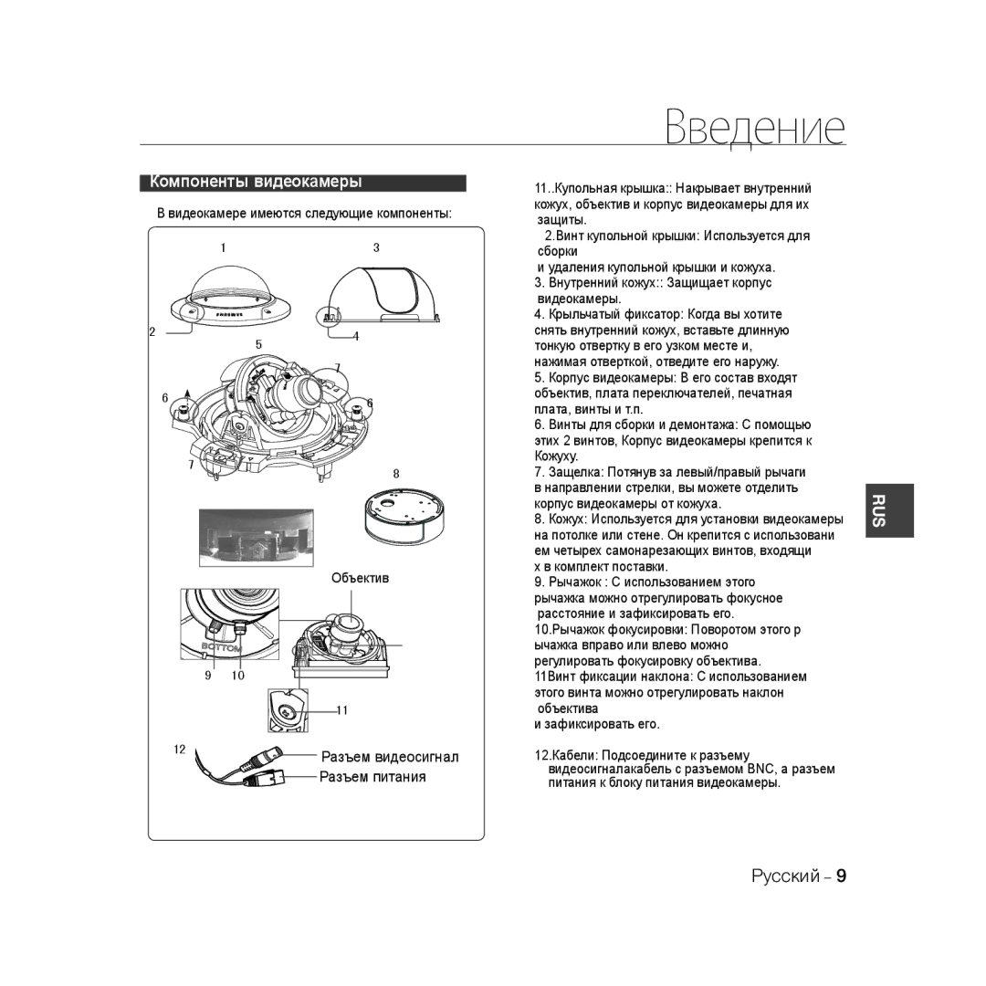 Samsung SCC-B5399P, SCC-B5397P 12 Разъем видеосигнал Разъем питания, Видеокамере имеются следующие компоненты Объектив 