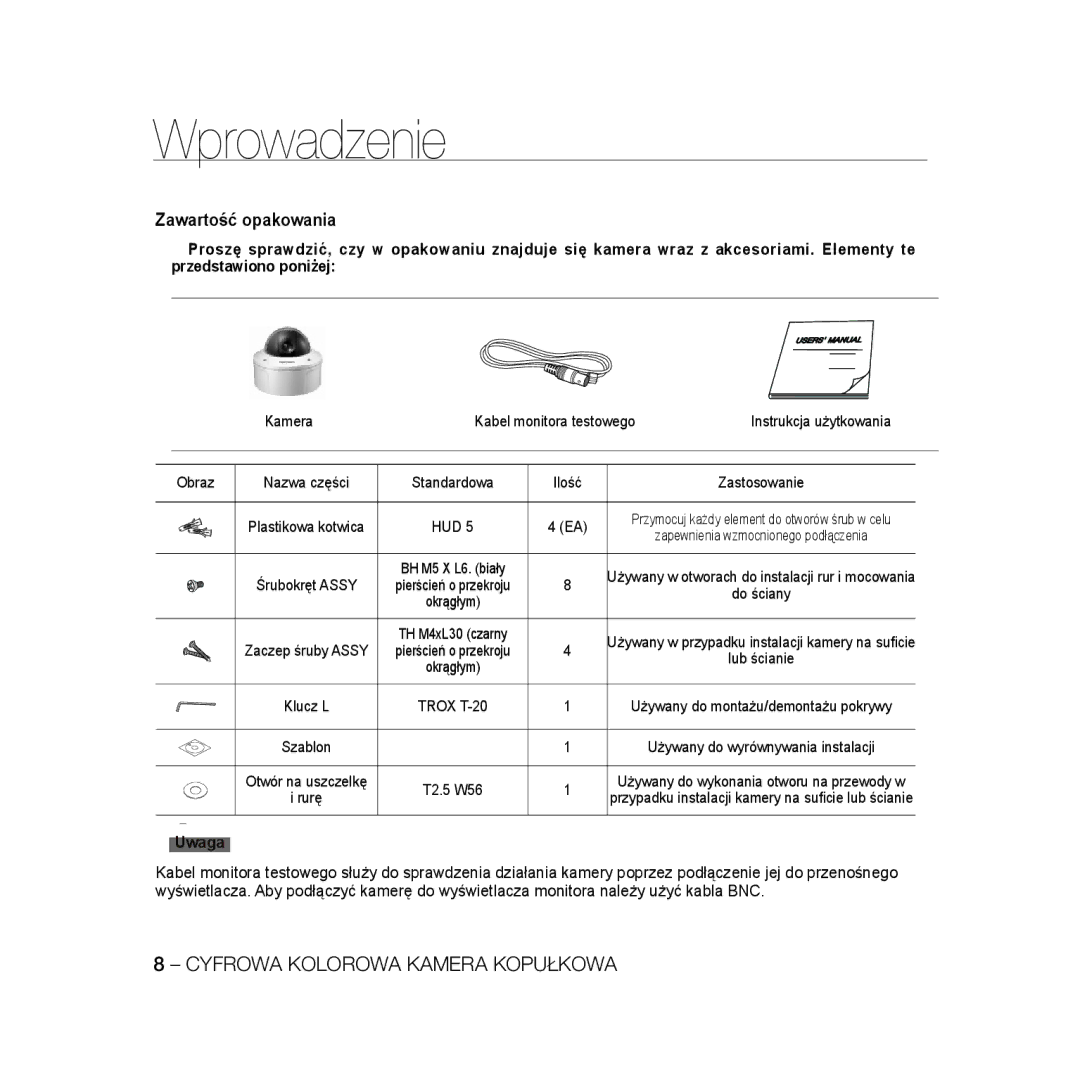 Samsung SCC-B5397P, SCC-B5399P manual Uwaga, Kamera, Instrukcja użytkowania, Obraz 