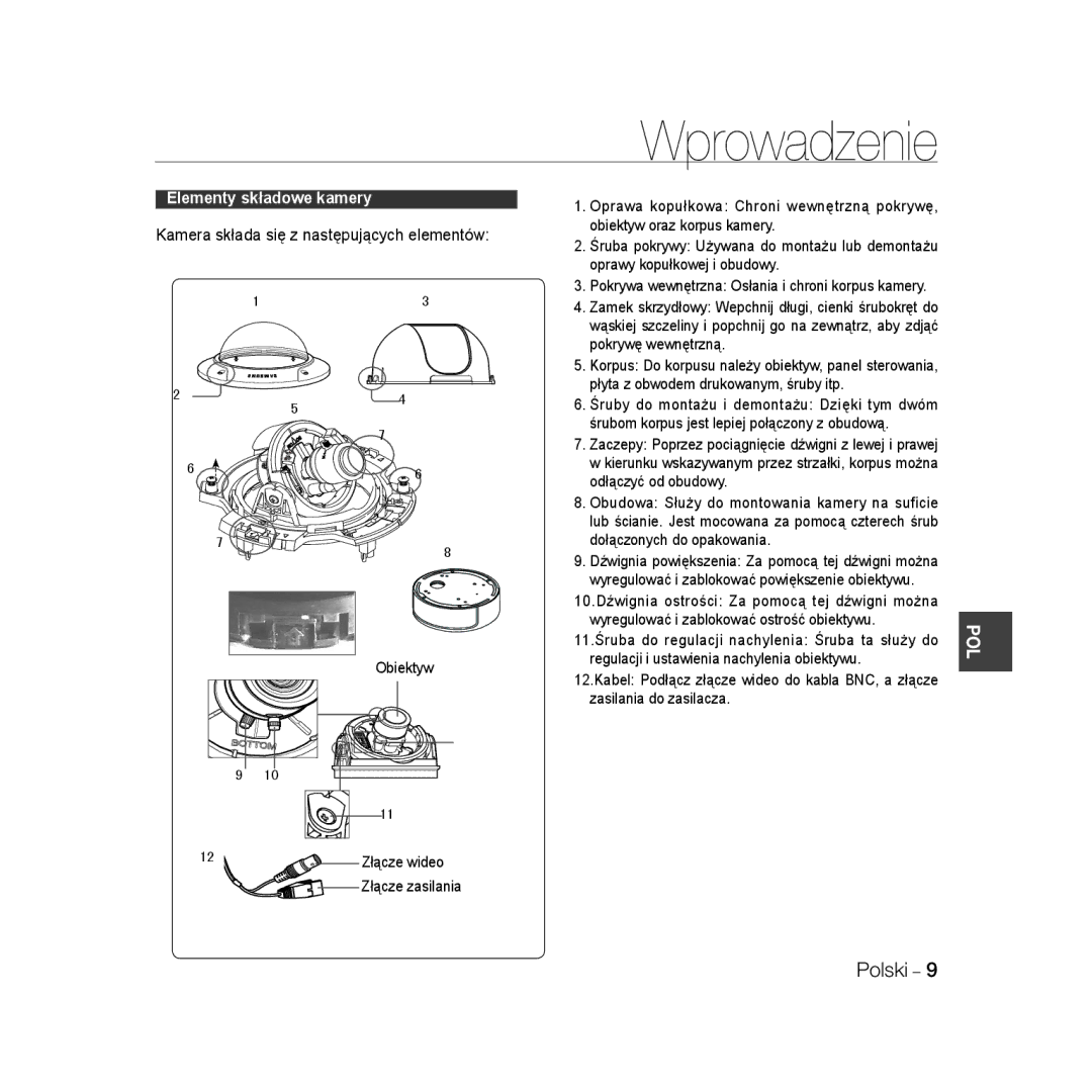 Samsung SCC-B5399P Wprowadzenie, Kamera składa się z następujących elementów, Obiektyw, 12 Złącze wideo Złącze zasilania 