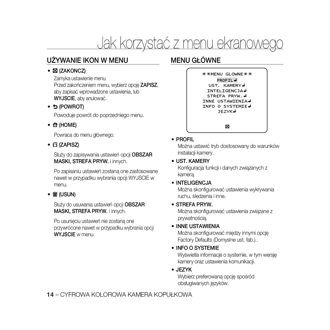 Samsung SCC-B5397P, SCC-B5399P manual Używanie Ikon W Menu, Menu Główne 