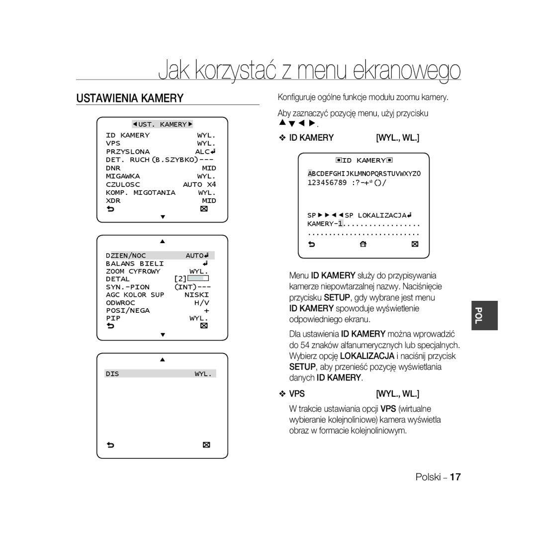 Samsung SCC-B5399P, SCC-B5397P Ustawienia Kamery, ID Kamery, Wyl., Wl, AGC Kolor SUP Niski Odwroc POSI/NEGA PIP WYL DIS 