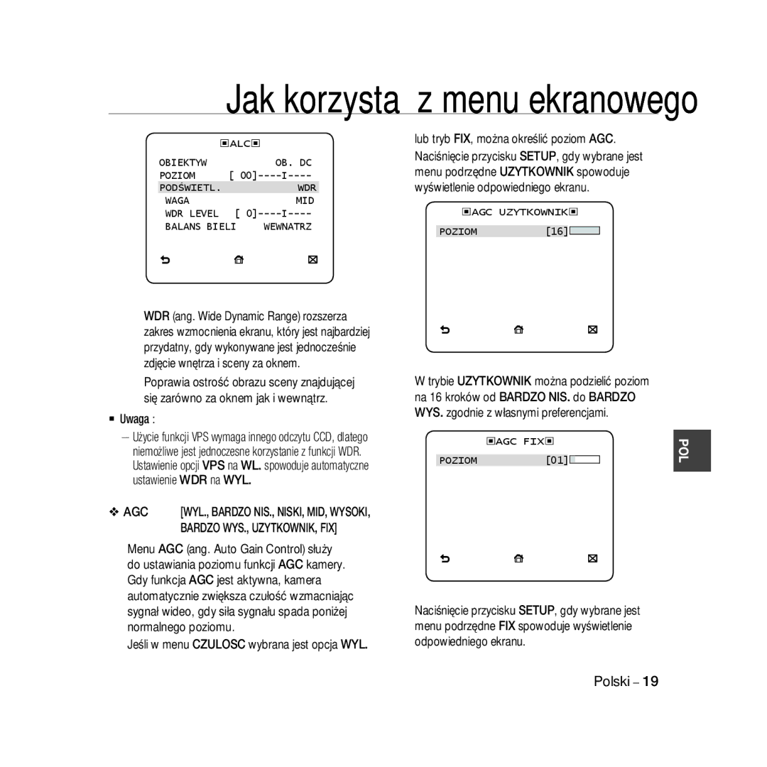 Samsung SCC-B5399P, SCC-B5397P manual  Uwaga, Agc, AGC Uzytkownik, Bardzo WYS., UZYTKOWNIK, FIX 