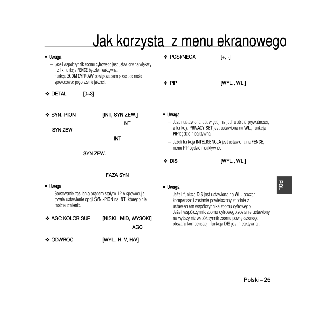 Samsung SCC-B5399P, SCC-B5397P manual Syn.-Pion, Syn Zew, AGC Kolor SUP, Odwroc 