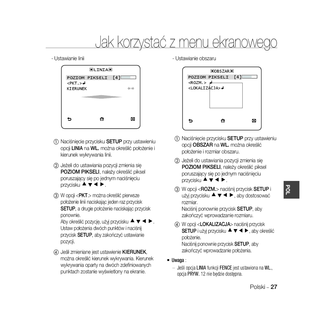 Samsung SCC-B5399P, SCC-B5397P Ustawianie linii, Ustawianie obszaru, Poruszający się po jednym naciśnięciu przycisku cdef 