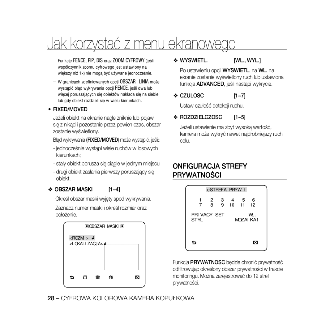 Samsung SCC-B5397P, SCC-B5399P manual Onfiguracja Strefy Prywatności, Obszar Maski, Wyswietl, Wl., Wyl, Rozdzielczosc 