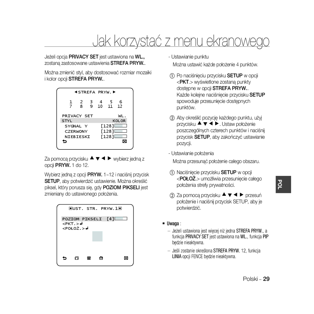 Samsung SCC-B5399P Za pomocą przycisku cdef wybierz jedną z opcji Pryw do, Privacy SET Styl Kolor Sygnal Y, Niebieski 