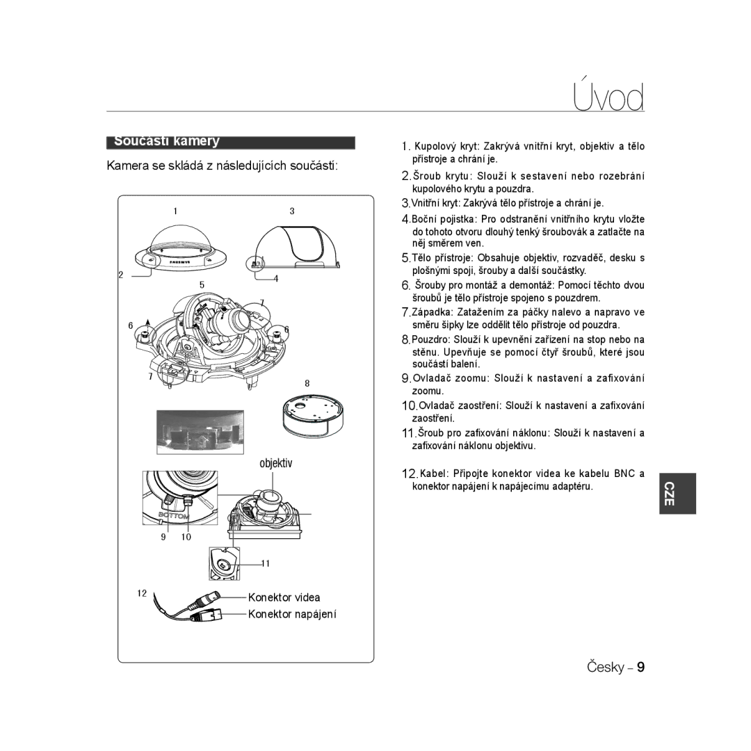 Samsung SCC-B5396P, SCC-B5398P, SCC-B5398BP manual Součásti kamery 