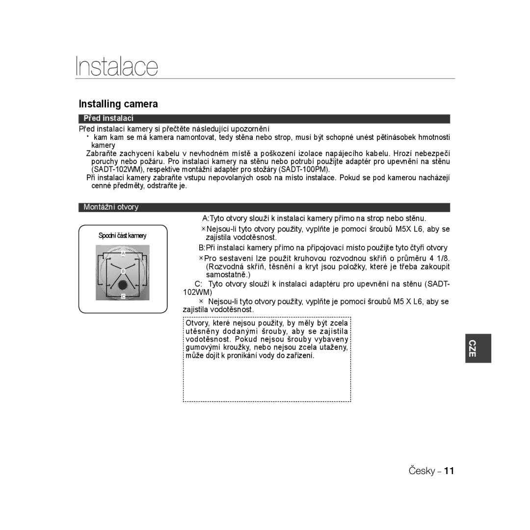 Samsung SCC-B5398P, SCC-B5396P, SCC-B5398BP manual Instalace, Spodní částkamery 