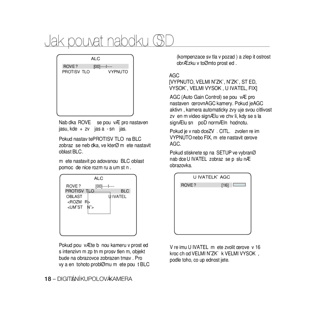 Samsung SCC-B5396P, SCC-B5398P manual Protisvětlo Vypnuto, Protisvětloblc Oblastuživatel Rozměr Umístění, Uživatelká AGC 