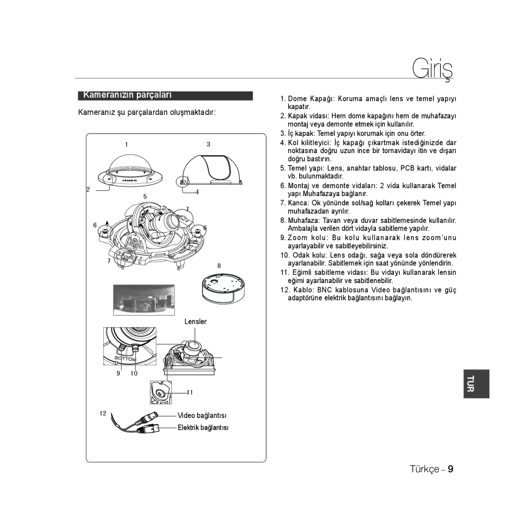 Samsung SCC-B5398BP manual Kameranız şu parçalardan oluşmaktadır, Dome Kapağı Koruma amaçlı lens ve temel yapıyı kapatır 