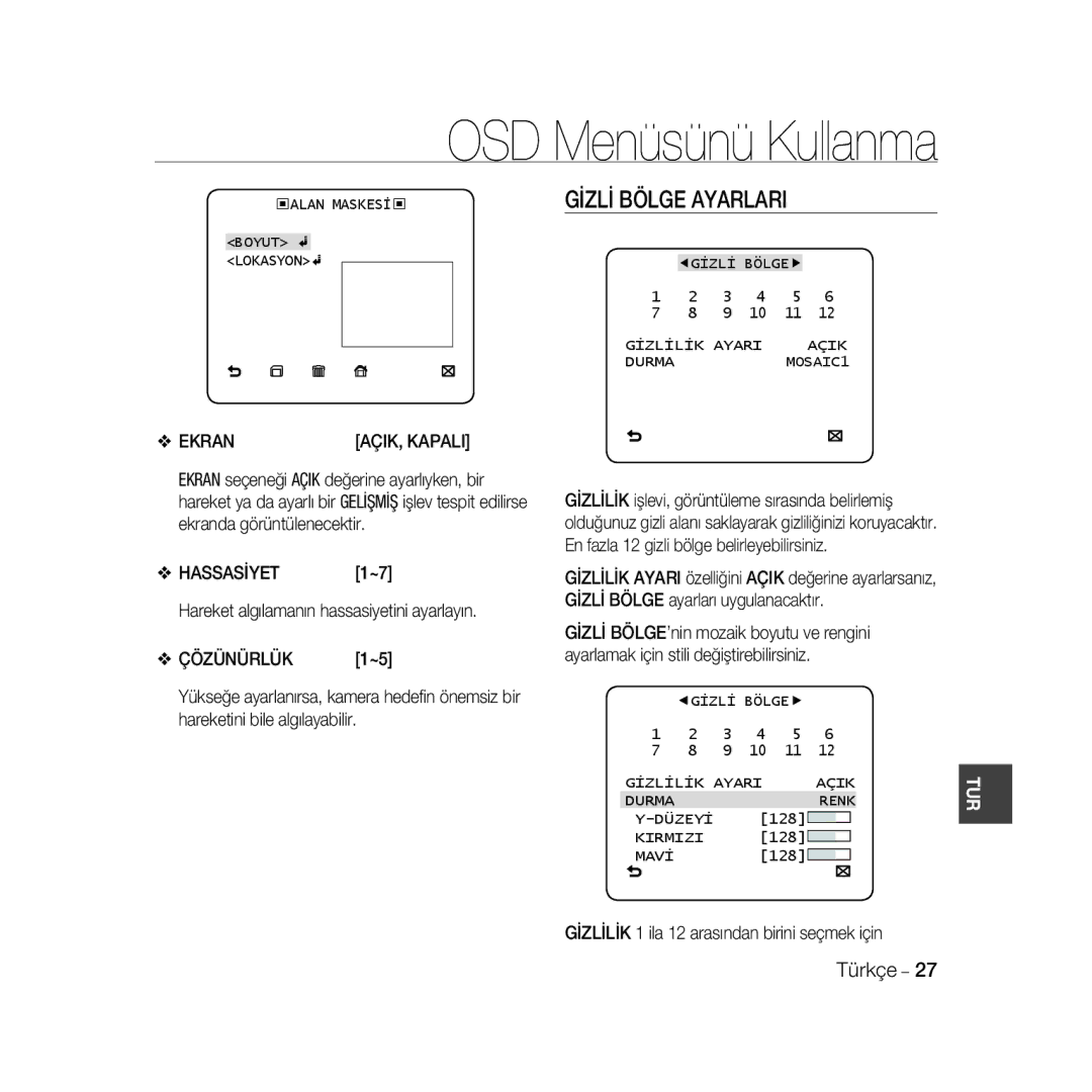 Samsung SCC-B5398BP, SCC-B5398P, SCC-B5396P manual Gİzlİ Bölge Ayarlari, Ekran AÇIK, Kapali, Hassasİyet, Çözünürlük 