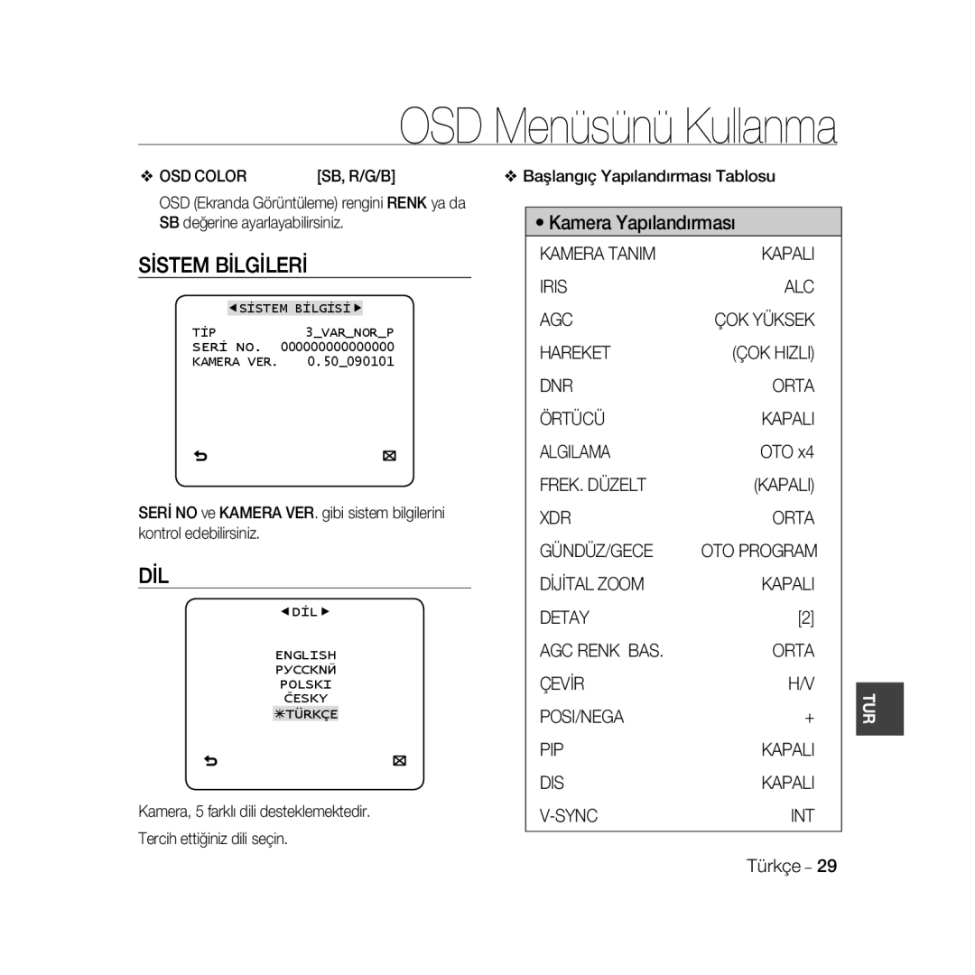 Samsung SCC-B5396P, SCC-B5398P, SCC-B5398BP manual Sİstem Bİlgİlerİ, Dil, Sb, R/G/B, ÇOK Yüksek 