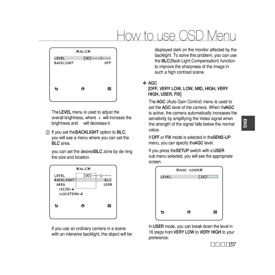 Samsung SCC-B5398BP, SCC-B5398P AGC OFF, Very LOW, LOW, MID, HIGH, Very HIGH, USER, FIX, Backlightoff, Location, AGC User 