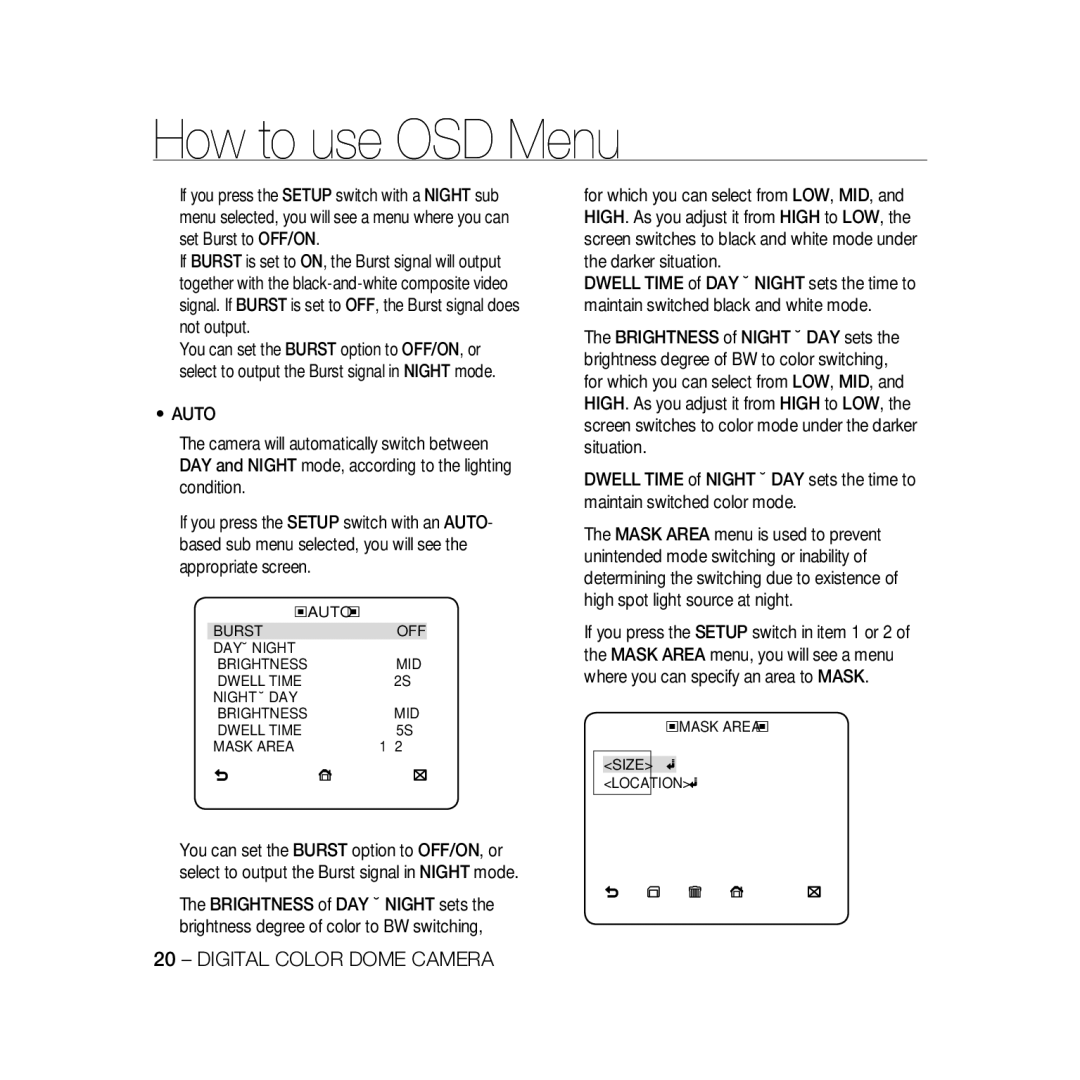 Samsung SCC-B5398BP, SCC-B5398P, SCC-B5396P manual Auto Burst OFF DAY Ænight, Night Æday, Mask Area Size Location 