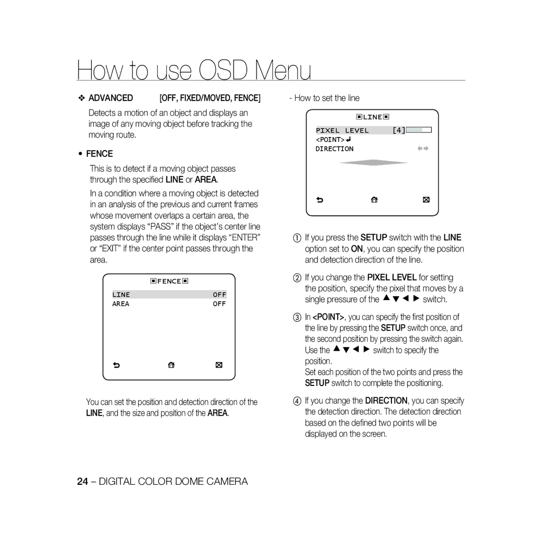 Samsung SCC-B5398P, SCC-B5396P Advanced, How to set the line, Fence Line OFF Area, Line Pixel Level Point Direction 