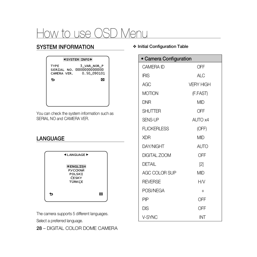 Samsung SCC-B5396P, SCC-B5398P, SCC-B5398BP manual System Information, Language, Fast, Auto 