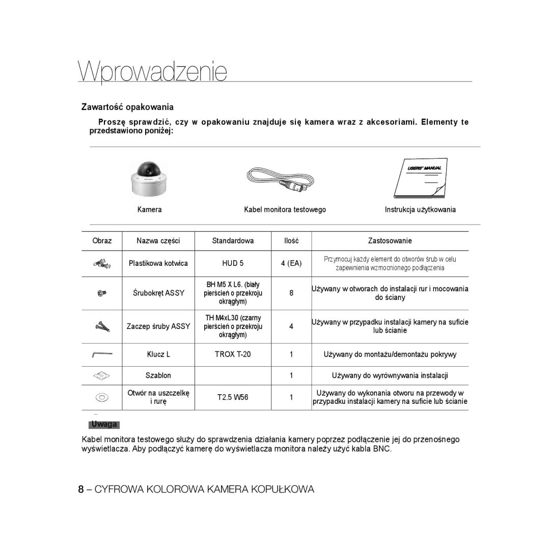 Samsung SCC-B5396P, SCC-B5398P, SCC-B5398BP manual Uwaga, Kamera, Instrukcja użytkowania, Obraz 