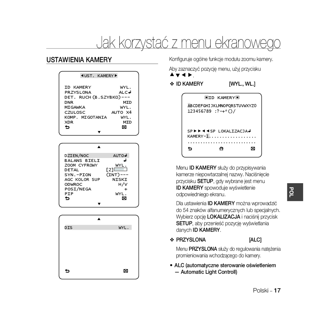 Samsung SCC-B5396P, SCC-B5398P, SCC-B5398BP manual Ustawienia Kamery, ID Kamery, Wyl., Wl, Przyslona ALC 